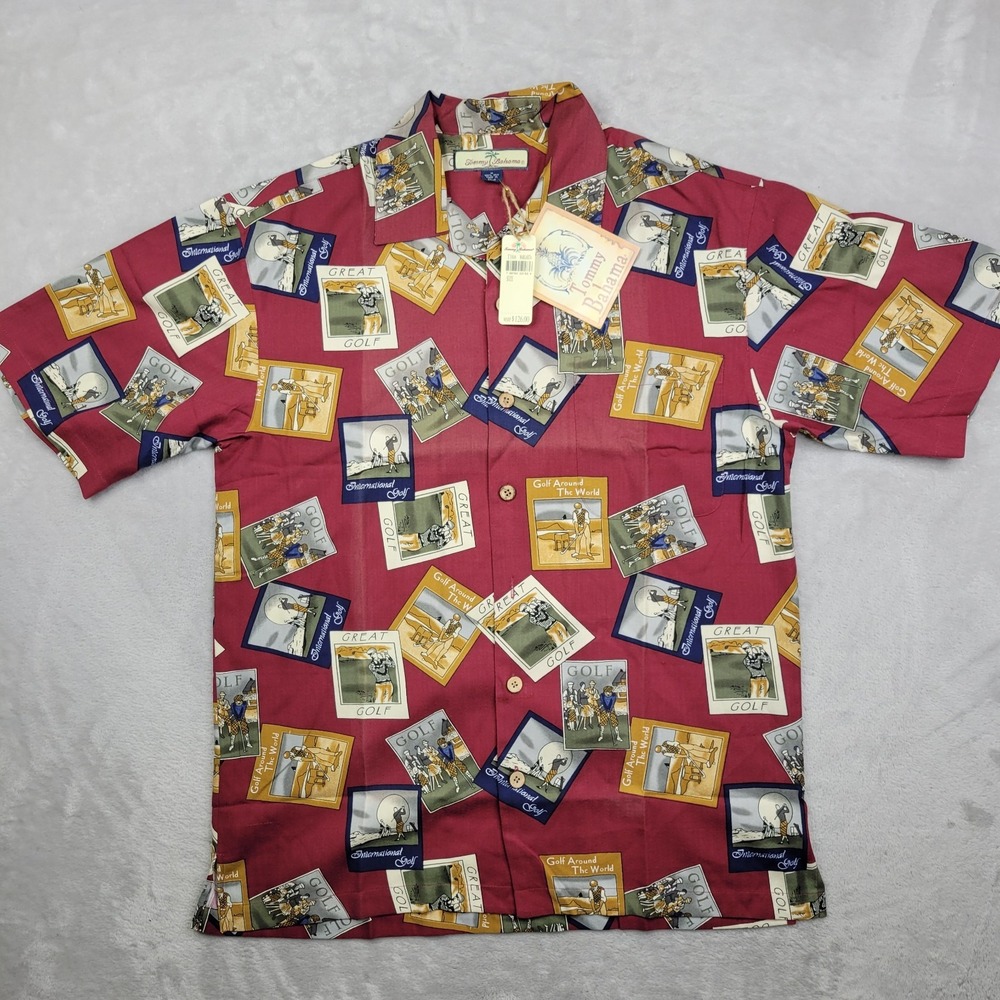 Tommy Bahama Shirt Men Medium Silk Hawaiian Button Up Camp Golf Great World Vtg